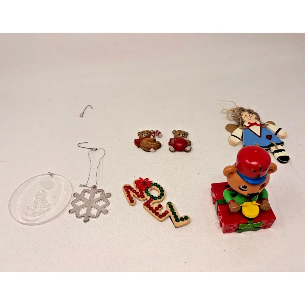 Vintage Christmas Ornament Lot Teddy Bear Drummer Angel Noel Snowflake 7 Pc